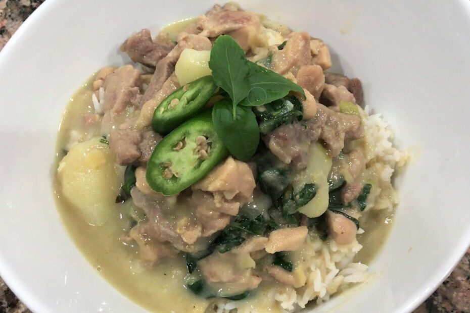homemade thai green curry in a bowel with fresh basil and peppers