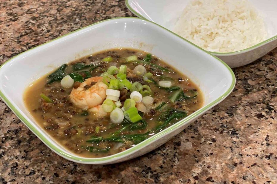 Filipino Ginisang Munggo Mung Beans in a bowl with rice