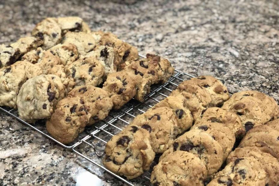 chocolate chip cookies cooling on a rack
