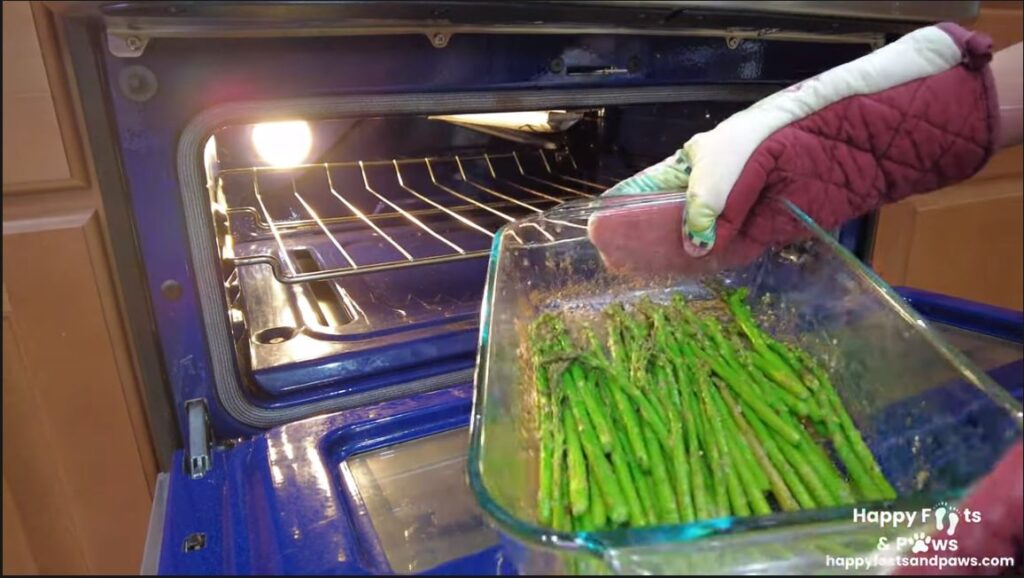 baked apsparagus in glassware from oven