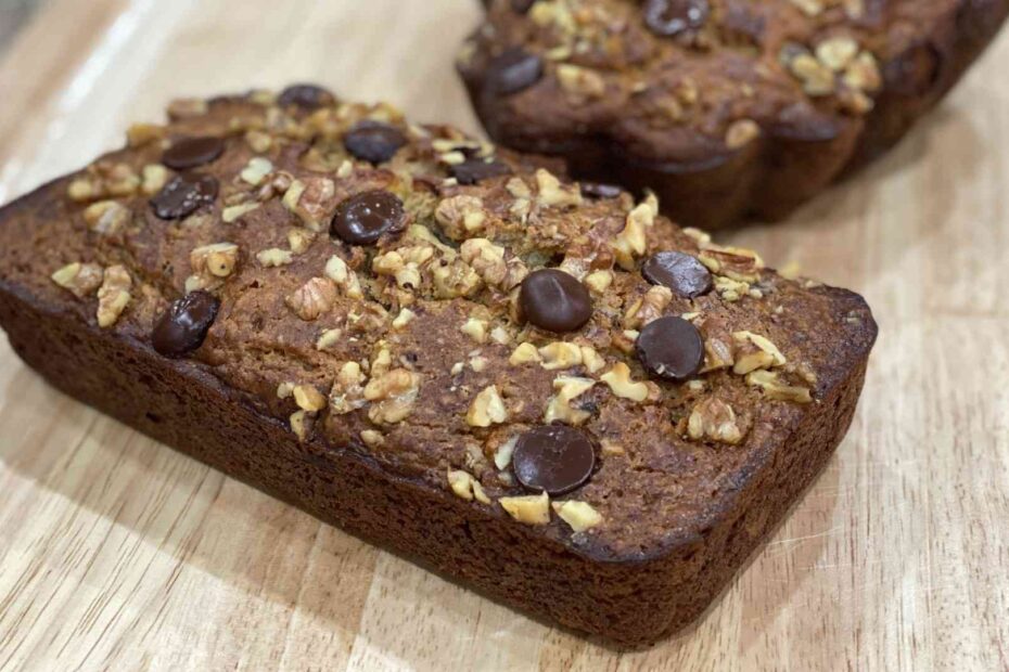 moist banana walnut bread on cutting board