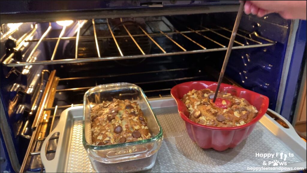 woman checking Banana Nut Bread with chopstick to verify it's cooked