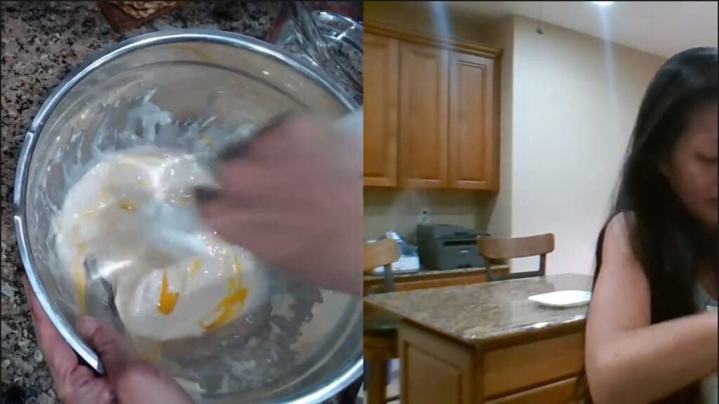 mixing batter in a bowl for Filipino hotcakes recipe