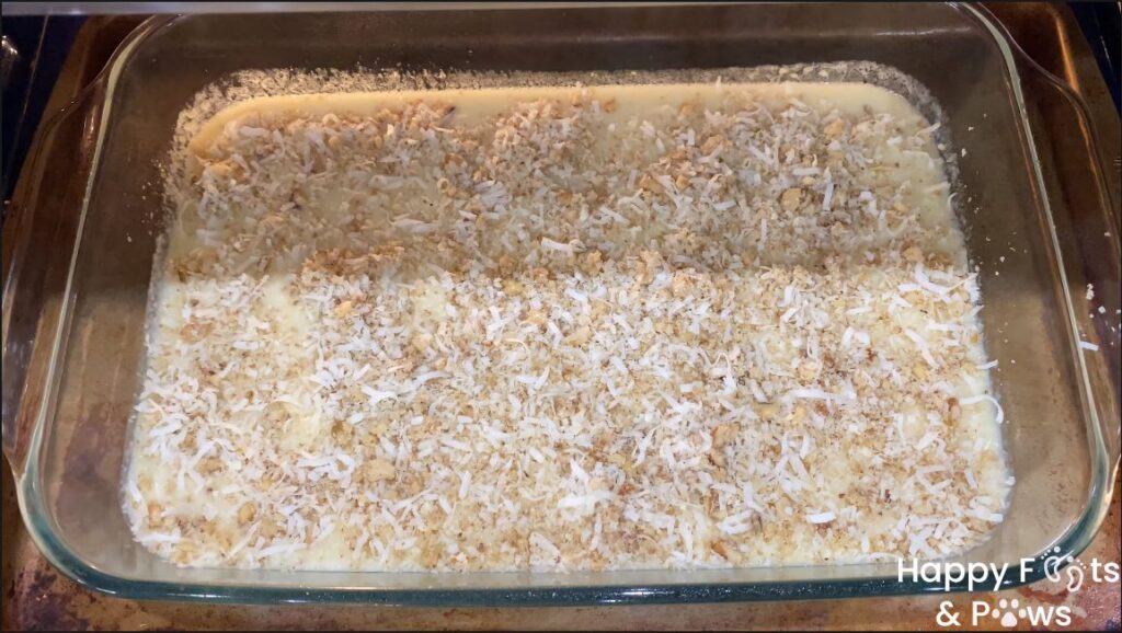 butter mochi in glassware prior to being baked in the oven