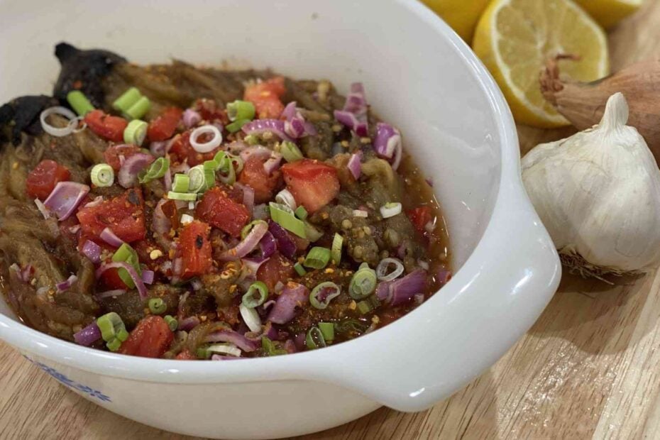 Filipino grilled eggplant salad in a bowl