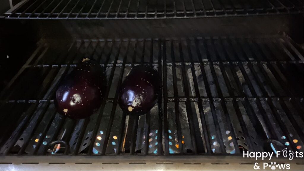 Two eggplants cooking on a grill