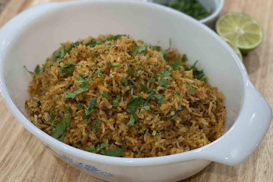 homemade spanish rice in a glass bowl