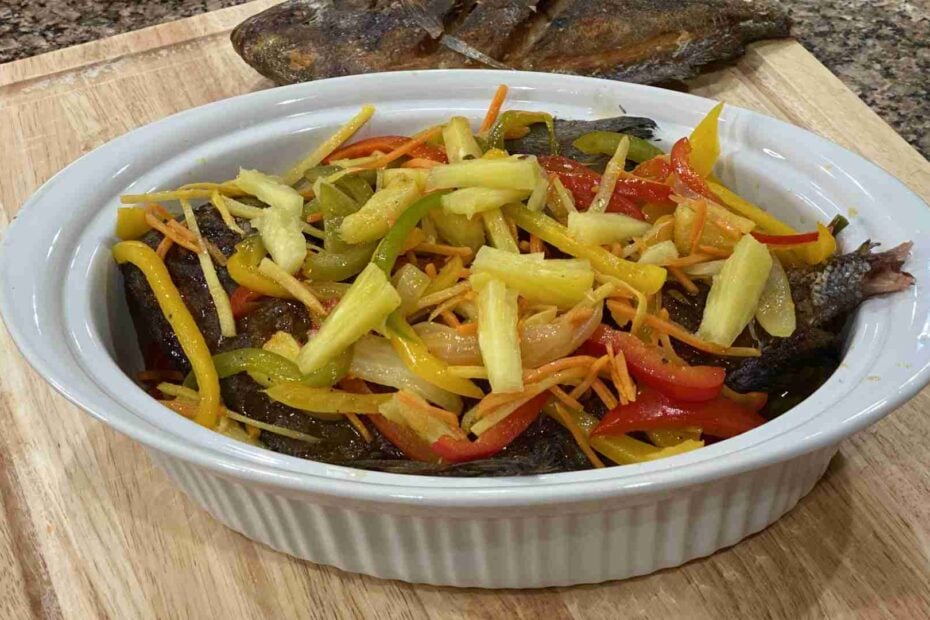 Escabeche Isda or Sweet and Sour Fish in a bowl