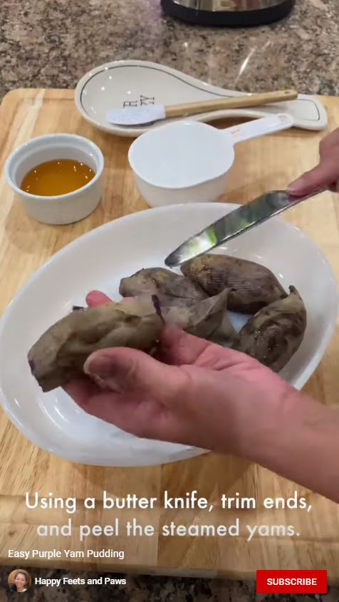 Peeling purple yams for ube pudding recipe
