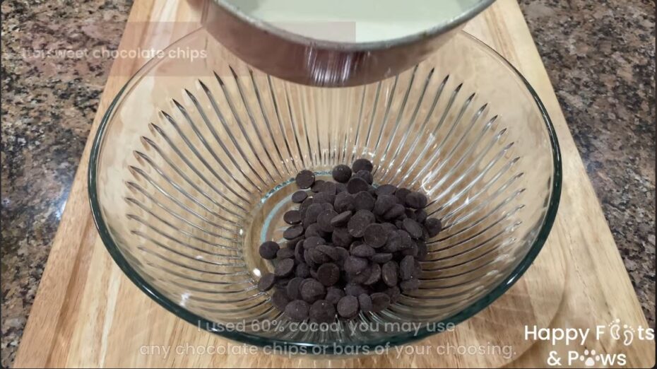 Pouring the hot heavy whipping cream into a bowl with bitter-sweet chocolate chips