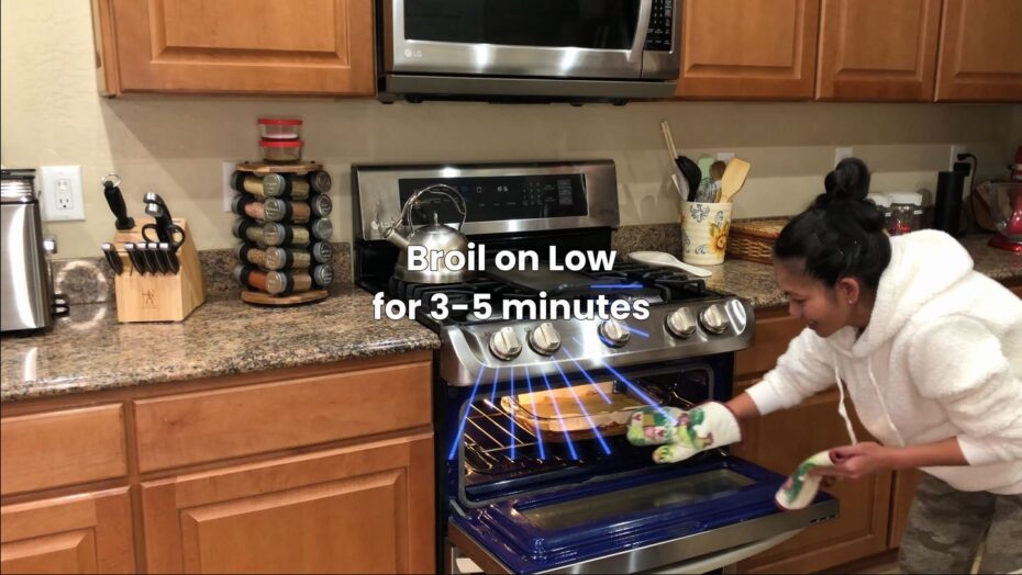 Adding the cassava cake to the oven using the broil feature