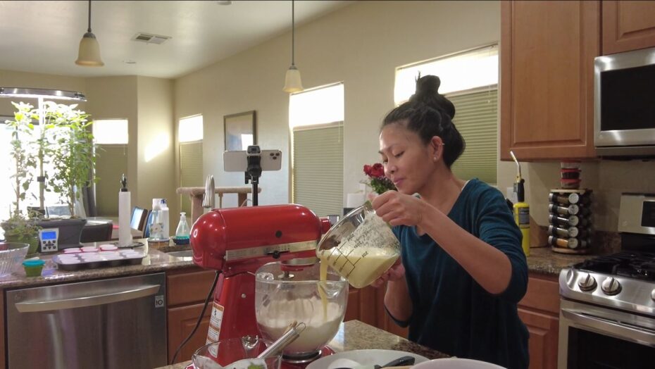 Mixing the Ingredients for Ube Cupcakes in a stand mixer.