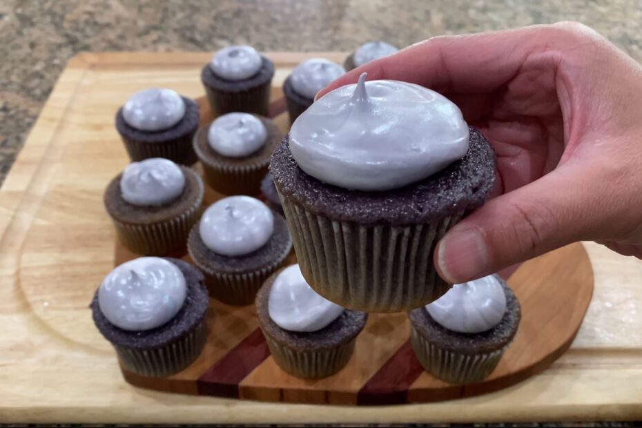Many Ube Cupcakes on a cutting board