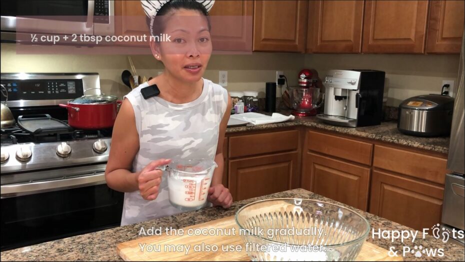 Adding ingredients into a mixing bowl to form dough for Palitaw